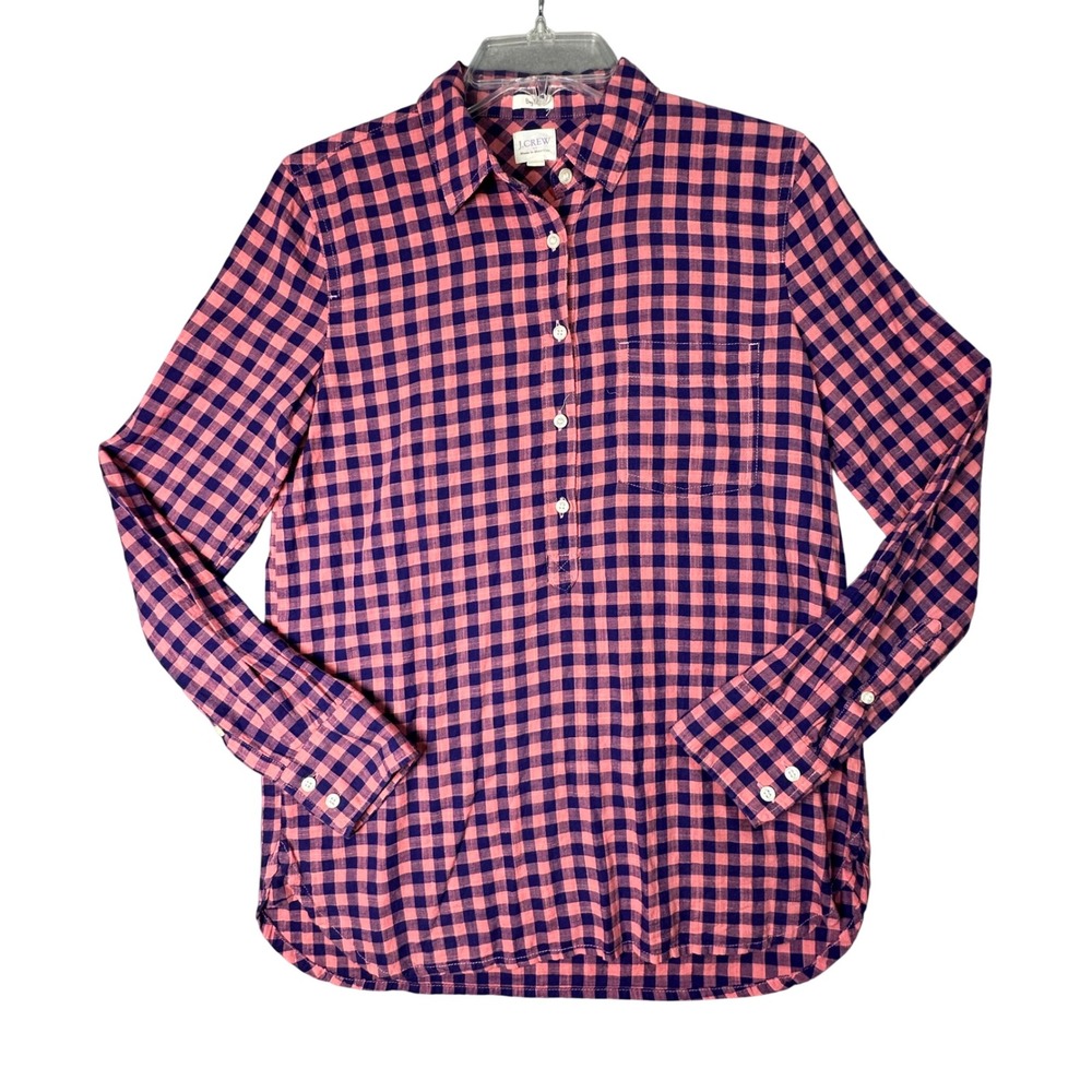 J.Crew Gingham Popover Shirt Boy Fit Preppy Cotton XS Pink Navy Grunge Fall